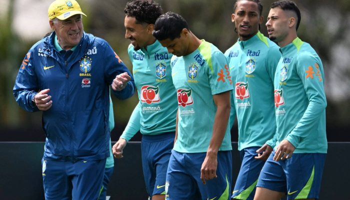 Carlo Ancelotti comanda treino da seleção brasileira na Grama Comary, em Teresópolis 
             -       
        Mauro Pimentel - 8.set.2025/AFP