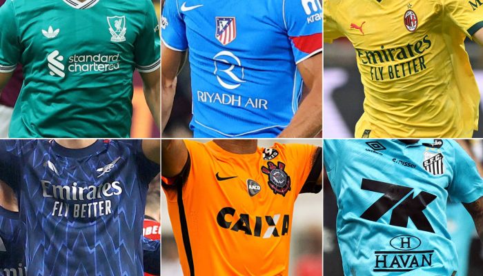 Liverpool de verde, Atlético de Madrid de azul, Milan de amarelo, Arsenal de azul, Corinthians de laranja e Santos de azul  -              
              
                              Reuters, Reuters, Xinhua, Reuters, Eduardo Knapp/Folhapress e Reuters