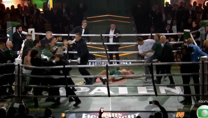 Reprodução de vídeo do Canal Combate, da TV Globo, mostra momento de briga generalizada entre as equipes de Popó e Wanderlei Silva
             -       
        Reprodução/TV Globo