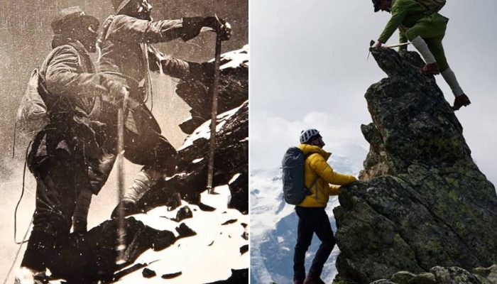 Andrew Irvine (em primeiro plano) e George Mallory escalando o Everest em 1924, e os irmãos Turner no cume do Mera Peak, em outubro passado

             -       
        Montagem de reprodução/@turnertwiins no Instagram