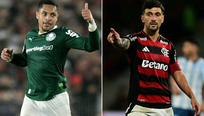 O palmeirense Vitor Roque e o flamenguista Arrascaeta, que se enfrentarão na final da Libertadores, no Peru 
             -       
        Juan Mabromata - 17.set.25 e Pablo Porciúncula - 22.out.25/AFP