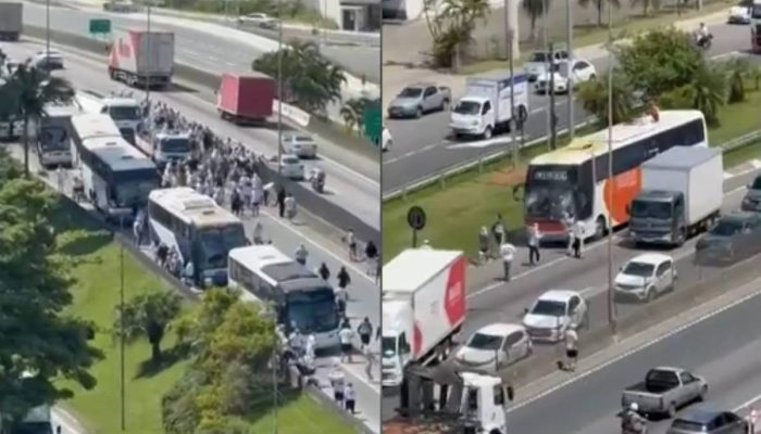 Torcedores do Santos interceptam ônibus com torcedores do Inter em trecho da BR-101 em Itapema
             -       
        Reprodução/TV Globo