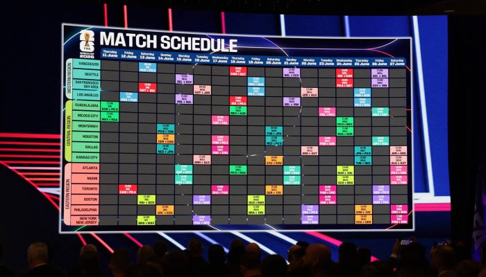 Painel indica a tabela de jogos da Copa do Mundo; evento em Washington divulgou o calendário, com partidas nos Estados Unidos, no México e no Canadá
             -       
        Jeenah Moon/Reuters