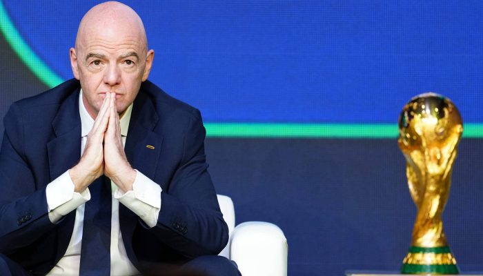 Presidente da Fifa, Gianni Infantino, durante divulgação da tabela de jogos da Copa do Mundo, em Washington
             -       
        Jia Haocheng - 7.dez.2025/Xinhua