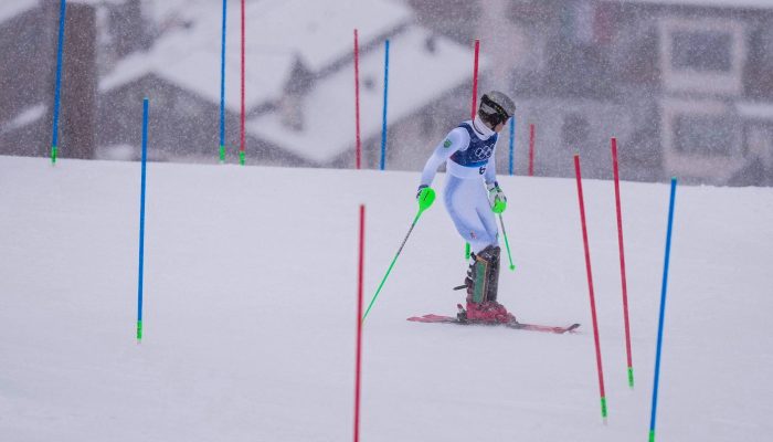Lucas Pinheiro Braathen durante a primeira descida do slalom
             -       
        Dimitar Dilkoff - 16.fev.26/AFP