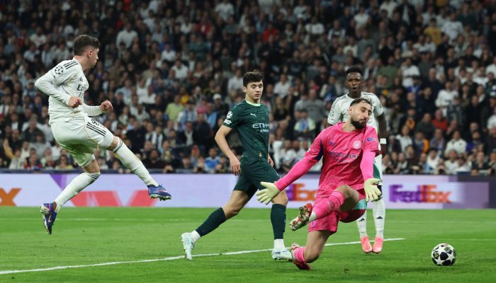 Valverde no lance em que abriu o placar para o Real Madrid sobre o City
             -       
        Violeta Santos Moura - 11.mar.26/Reuters