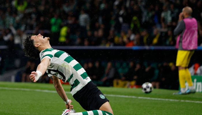 Maximiliano Araujo celebra gol do Sporting contra o Bodø/Glimt
             -       
        Filipe Amorim/AFP