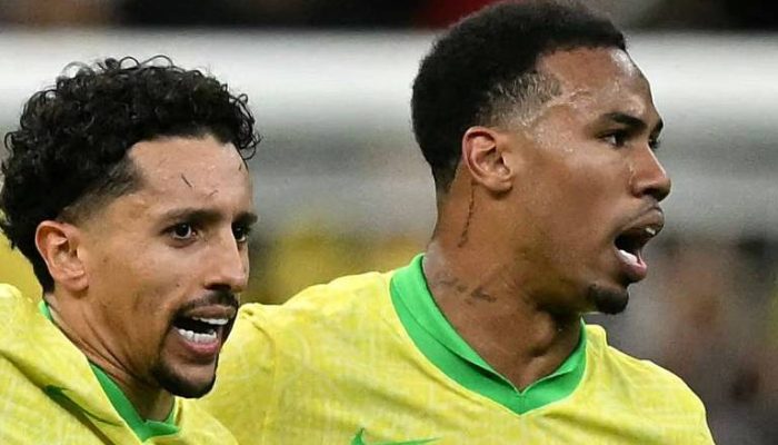 Os zagueiros Marquinhos, do Paris Saint-Germain, e Gabriel Magalhães, do Arsenal, titulares do Brasil e rivais na final da Champions League
             -       
        Sameer Al-Doumy e Pedro Nunes/AFP e Reuters