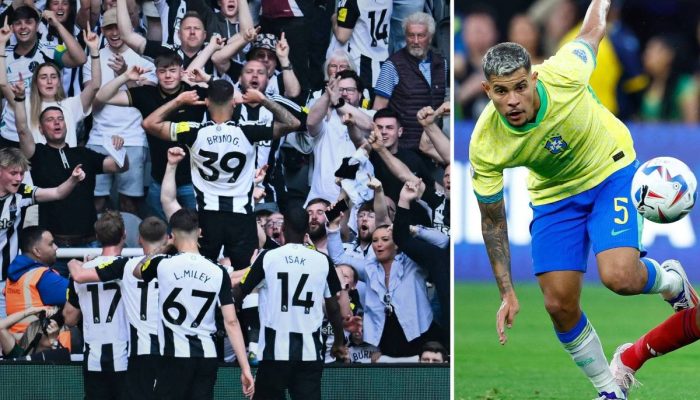 O volante Bruno Guimarães em dois momentos: celebrando gol do Newcastle e em ação pela seleção brasileira
             -       
        Andy Buchanan - 11.mai.25/Ronald Martinez - 24.jun.24/AFP