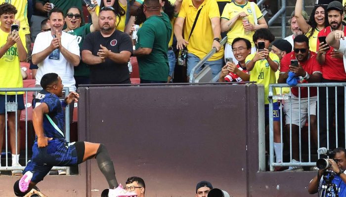 Endrick celebra o gol da vitória do Brasil sobre o Egito
             -       
        Kirk Irwin/Getty Images via AFP