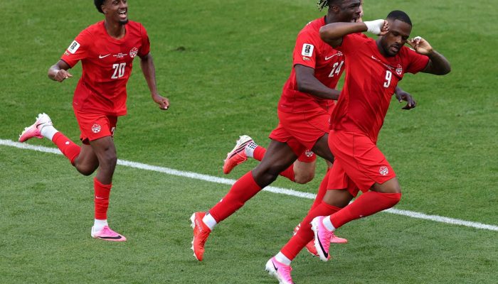Bósnios comemoram gol na partida contra o Canadá, que terminou em empate de 1 a 1
             -       
        Zou Zheng/Xinhua